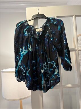 Nicole Miller Black Blouse with Teal & Blue Swirl Print